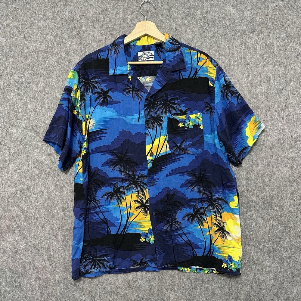 Pineapple Connection Hawaiian Shirt Men's M Sunset Palm Trees Rayon Blue Yellow